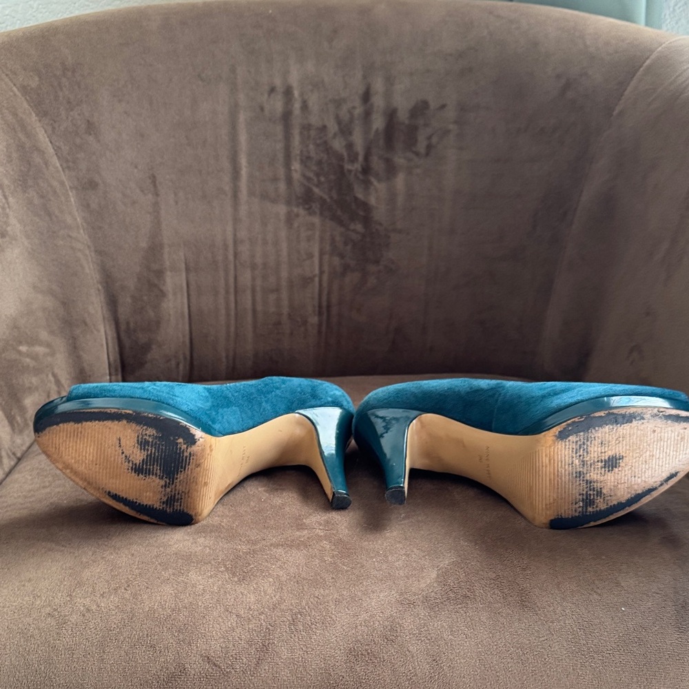 Nine West Teal Suede/Leather Peep-Toe Heels - Picture 4 of 5